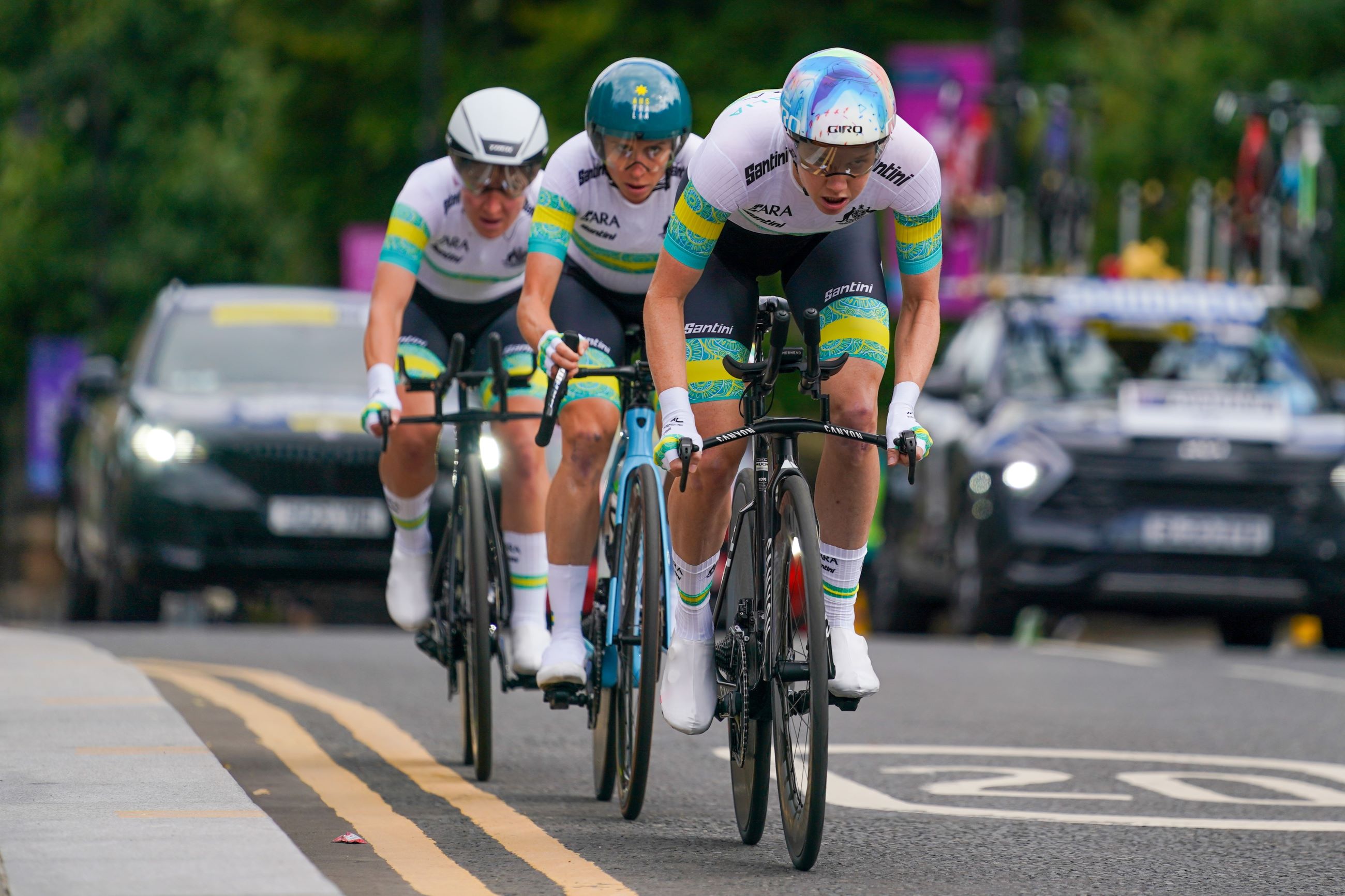 Sarah Roy, Brodie Chapman and Lauretta Hanson compete for the ARA Australian Cycling Team in the Mixed Relay Team Time Trial TTT at the 2023 UCI Road World Championships in Glasgow, Scotland